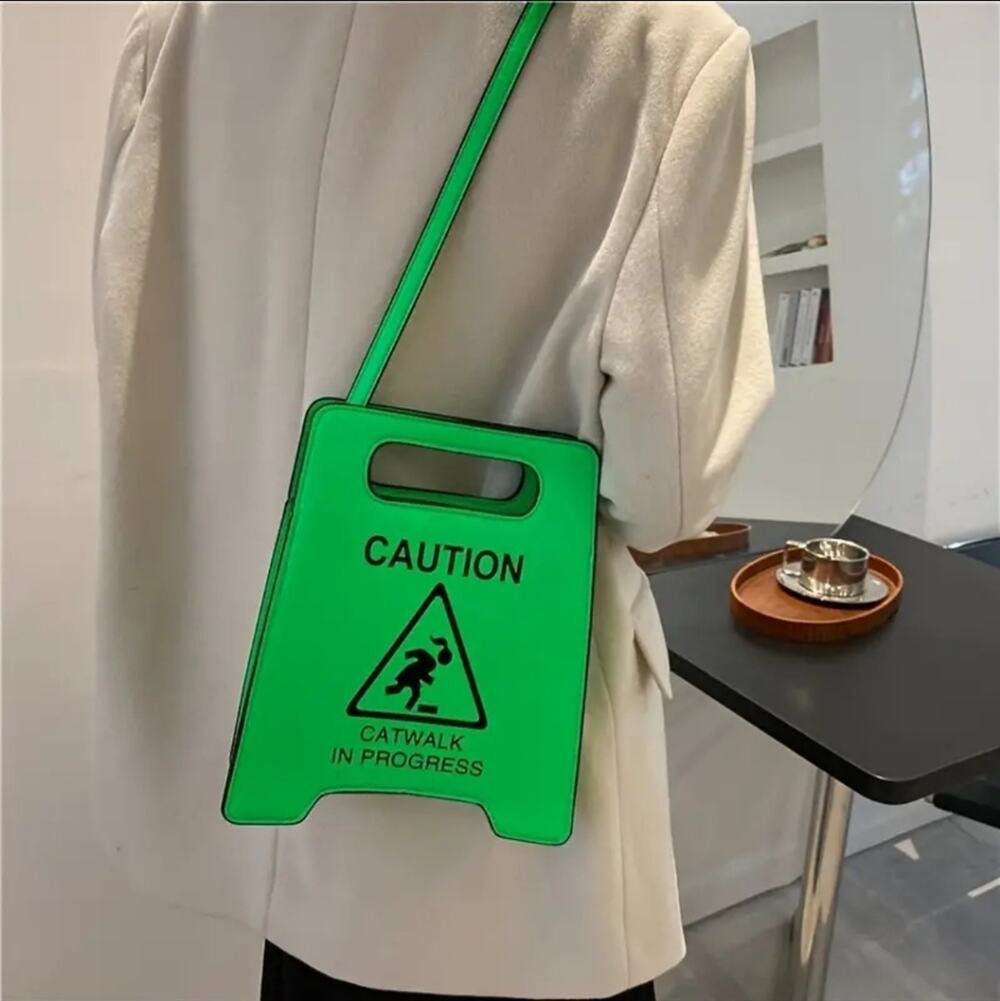 Cat Walk in Progress! Women's green caution sign purse